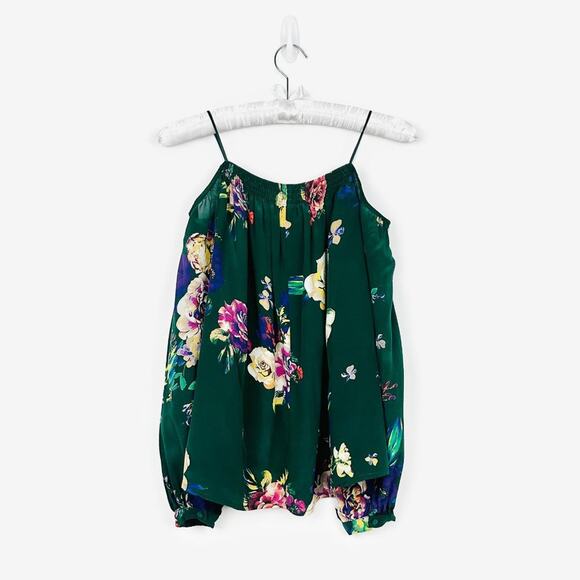 Maeve Tallie Floral Top Size XS Forest Green Silk Cold Shoulder Romantic Boho - Picture 2 of 4